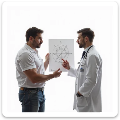 bodybuilder consulting doctor, doctor pointing at crossed out HPT axis diagram, tense atmosphere, hyper realistic details, isolated on white background sticker