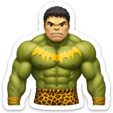 a Hulk wearing ancient animal skin cloth, half body, icon, yellow skin sticker