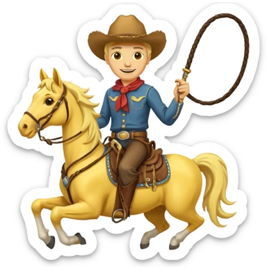 Cowboy riding a horse with whip. With yellow skin and smilling. Simplize it and I need a full pic with horse. Like I need the leg part too sticker