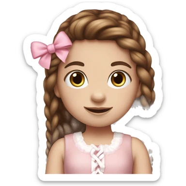 Little Girl with White skin, blue eyes. Long brown hair with two braids and two pink bows in it. She is wearing a pink and White dress, standing and holding on to a teddybear. sticker