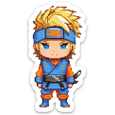 A blonde ninja boy with spiky hair, whisker marks on cheeks, orange outfit, and blue headband with metal plate sticker