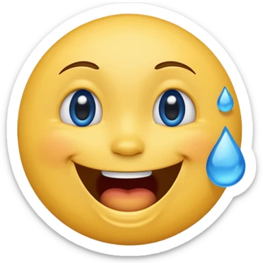 Emoji, yellow round laughing tilted head face sideways with blue tears of fun sticker