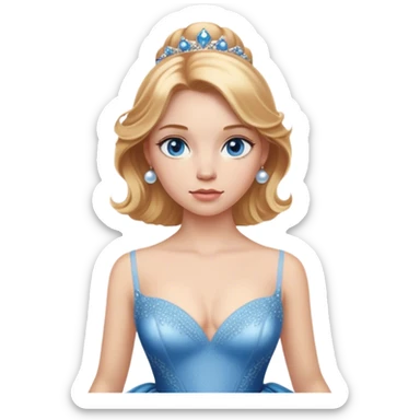 Cinematic Realistic Cinderella Portrait, depicted with lifelike skin texture, subtle rosy undertones, and soft natural lighting that enhances the gentle contours of her face. Her intricately detailed golden blonde hair is elegantly styled in an updo, with delicate wisps framing her face for added realism. Her deep, expressive blue eyes radiate warmth and sincerity, reflecting a quiet resilience and grace. She is dressed in her iconic ball gown, the fabric shimmering with intricate embroidery and fine translucent layers that catch the light beautifully. The soft sheen of satin gloves and the delicate sparkle of a glass-like slipper peeking from beneath her dress add a touch of magical realism. The portrait features an enchanting glow with a natural, luminous finish, seamlessly blending realism and fairytale charm to evoke a sense of depth, elegance, and timeless beauty. sticker
