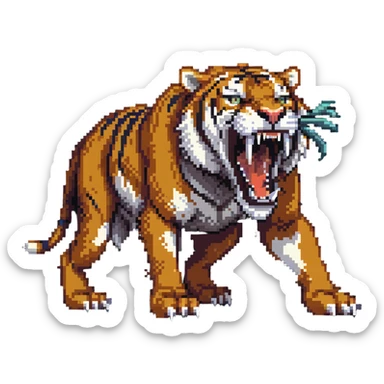 saber-toothed tiger with a miniature body and massive 8-inch-long canine teeth, extremely exaggerated fangs extending far from tiny head sticker