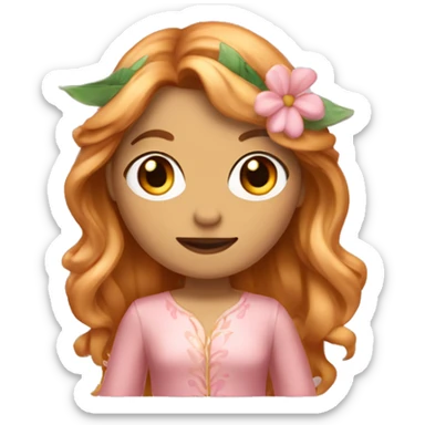 Full body Fairy white woman emoji with long wavy copper hair and blonde highlights, also with curtain bangs, brown/honey eyes, with a pink outfit inspired in flower leaves sticker