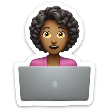 women in front of a laptop with a surprised face sticker