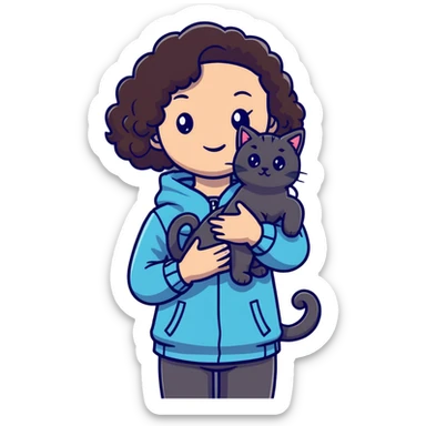 Girl with dark brown curly hair and gray cat sticker