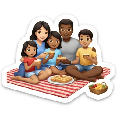 Diverse family picnic with Black parents and children with dark hair sitting on a blanket enjoying food outdoors sticker