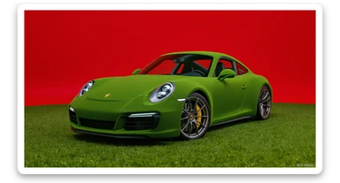Medium shot of a porsche 911 made of green grass, red solid studio background, low keu light, top soft light, dutch angle,  captured by arri alexa sticker