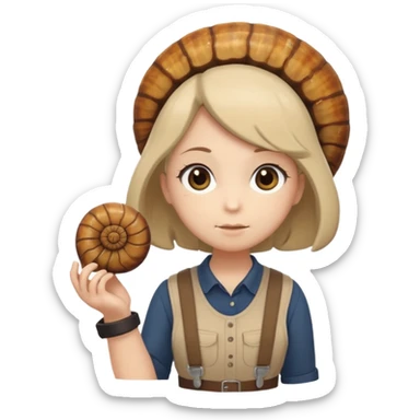Shelly has a small, chibi-style body with a large ammonite-shaped head that looks like a beige fossil shell. One side of her head has a dark opening, making it clear she isn’t human. Her face is simple and soft, with big round eyes. She wears a brown suspender outfit over a lighter shirt sticker