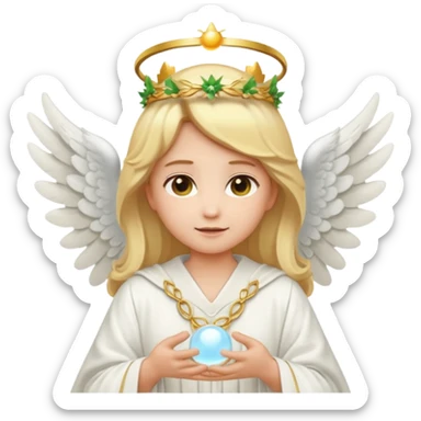 Emoji-style angel: blonde hair, laurel crown, halo, white wings, white robe, glowing orb, soft cute emoji look. sticker