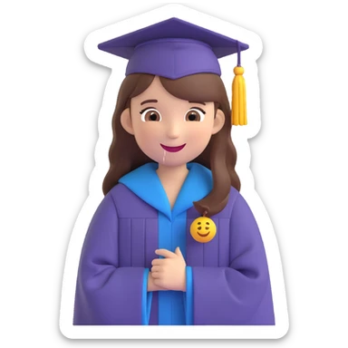 girl with long brown hair in graduation clothes with hat and robe smiling, emoji style sticker