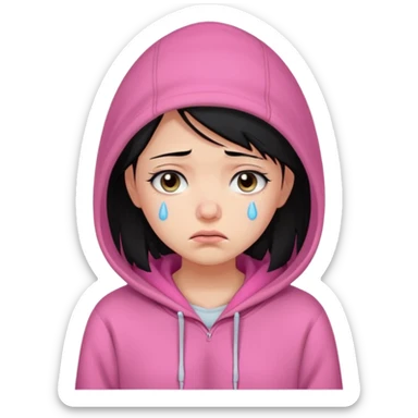 a portrait of sad girl, black hair, wear pink hoodie  sticker