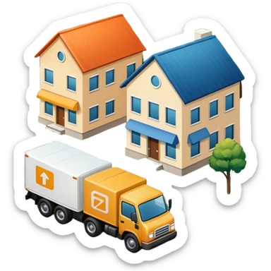 top view of a truck, package, company building, and residential house side by side, connected by street lines, clear symbols, friendly colors, neutral background sticker