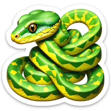 cinematic-green tree python-realistic-full-body-coiled-emoji,-thick-scaled-body-looped-tightly,-intricate-tellow and green-patterned-scales-reflecting-light,-head-tilted-dramatically,-slitted-eyes-staring-calmly,-simplified-yet-realistic-focused-feature sticker