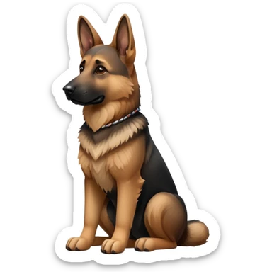 cinematic-[german shepherd]-realistic-full-body-sitting-emoji,-tail-resting-loosely-beside-its-paws,-head-tilted-dramatically,-sleek-[brown and black]-fur,-simplified-yet-realistic-focused-features,-highly-detailed,-glowing-with-an-almost-sarcastic-glow sticker
