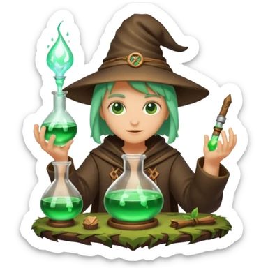forest alchemist mixing two wrong potions → perfect glow sticker