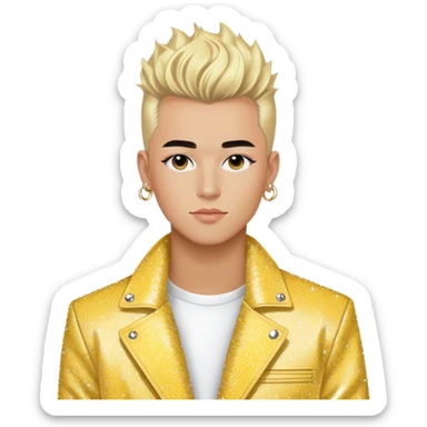 TheBlondeJon (Jon Madrid) TikTok influencer / music artist / entrepreneur with blonde frohawk wearing yellow sparkle glitter Dior jacket sticker