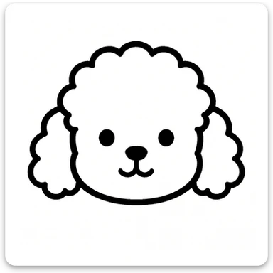 kawaii minimalist cartoon dog head inspired by poodle: round, fluffy head, curly droopy ears, wide-set dot eyes, tiny round nose, upside-down 'Y' mouth. thick, bold black lines only, white background, no color or shading. calm, gentle, symmetrical, and cozy. slight hand-drawn feel, very polished, perfect for stickers or coloring books. sticker