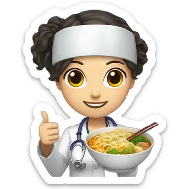 female doctor with dark hair eating ramen bowl with thumbs up sticker