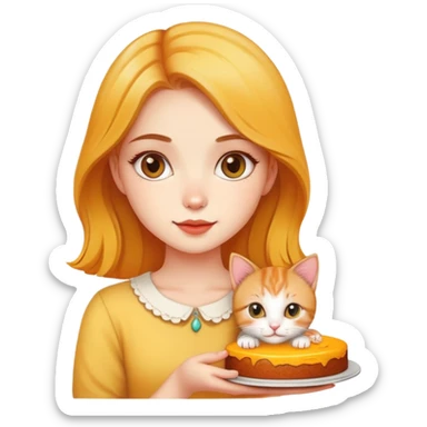Beautiful girl holding a mango cake and a kitten sticker
