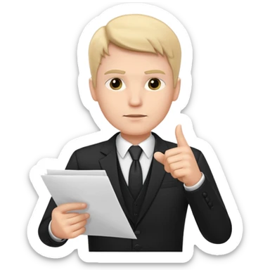 A white man in a black suit stands with a serious face and points at his hand holding papers. sticker