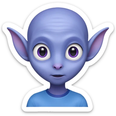 Portrait of an cute alien with smooth purple-blue skin, small antennae, large black oval eyes, small nose, and visible ears, elongated head, front-facing, wearing blue t-shirt, soft glow, simple futuristic design sticker