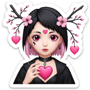 goth sakura heart, heart pierced by sakura branch, black and pink sticker