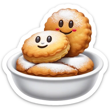 Buñuelo Cinematic Realistic Buñuelo Dessert Emoji, depicted as perfectly round, fluffy fritters served in a small bowl with a dusting of powdered sugar, rendered with vibrant textures and warm, inviting lighting. sticker