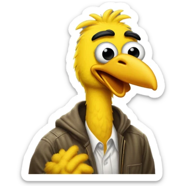 Thug-Life Gangster-style Hood-version of Big Bird:
A towering, yellow-feathered bird with a kind heart and curious nature. Big Bird’s wide eyes and gentle voice make him a beloved friend, always eager to learn and explore. sticker