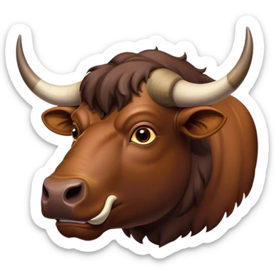 Cinematic Noble Domestic Ox Portrait Emoji, Poised and stalwart, with a massive, muscular build and a thick, smooth hide in deep earthy tones, prominent, curved horns, and steady, soulful eyes, Simplified yet sharp and sophisticated features, highly detailed, glowing with a warm, dignified glow, high shine, intelligent and dependable, stylized with an air of timeless strength, focused and attentive, soft glowing outline, capturing the essence of a watchful and confident ox that feels as though it could plod out of the screen with effortless authority! sticker