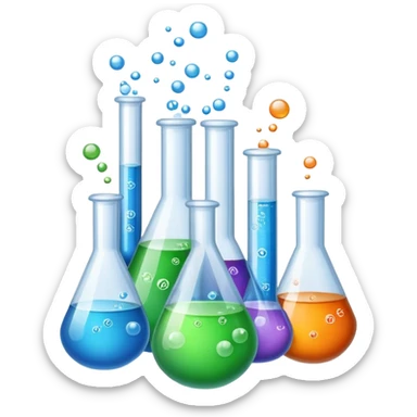 An icon featuring laboratory flasks with tubes, symbolizing chemistry. The design includes liquid and powder substances, a chemical reaction with bubbles, and molecular formulas, representing chemical processes like hydrolysis. Transparent background sticker