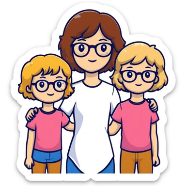 a mom and her 2 daughters together, mom has blond hair with bangs and wears glasses, first daughter has brown curly hair also wears glasses and the second daughter has light brown wavy hair with sidebangs and alse is wearing glasses sticker