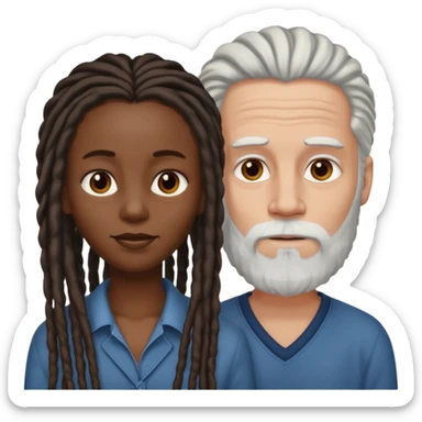 Black woman with long dreads and white man with thinning hair and white beard sticker
