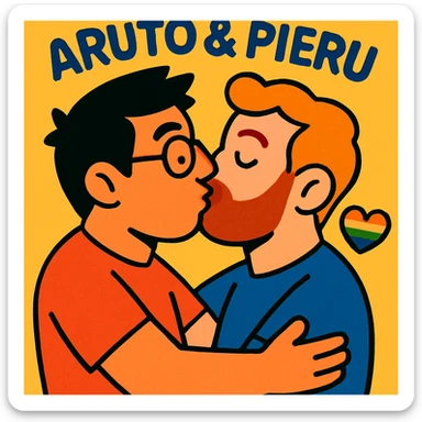a gay couple kissing, with 'aruto & pieru' written above, in a warm, inclusive, and affectionate style sticker