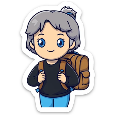 white woman park ranger with blue eyes, brown and gray hair, wearing a backpack sticker