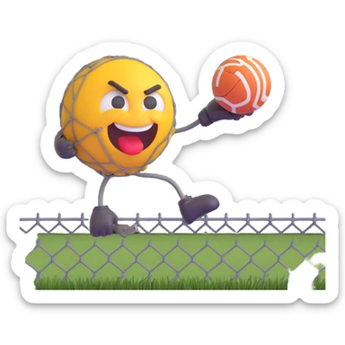 nasty-looking face emoji performing a high ball kick, with a damaged wire mesh fence in the background, energetic and expressive sticker