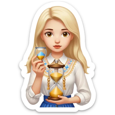 A Ukrainian girl in a white embroidered shirt holds an hourglass in her hands sticker