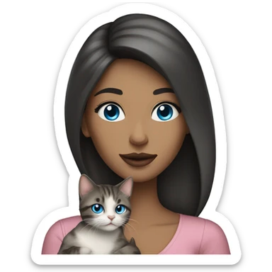 Woman with dark long hair, pink lips and blue eyes holding a tabby cat  sticker