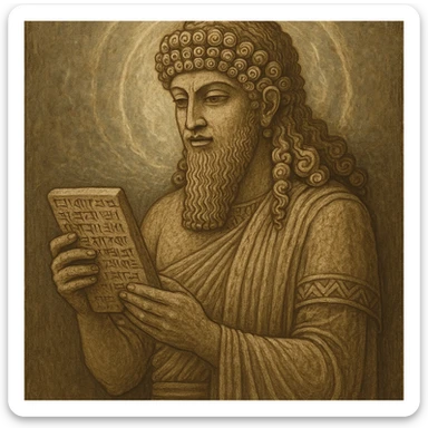 A Sumerian deity with elaborate curly hair, holding and reading a cuneiform tablet, wearing traditional robes, mystical aura, ancient style sticker
