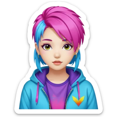 portrait of young woman idol in Kpop style, wearing flashy streetwear outfit, colorful dyed hair sticker