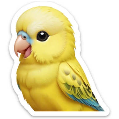 Cinematic Cute Yellow Budgie Portrait Emoji, Head tilted playfully and inquisitively, featuring a radiant yellow feathered fur with a natural sheen, round, sparkling dark eyes filled with curiosity, Simplified yet irresistibly adorable features, highly detailed, glowing with a warm, friendly glow, high shine, affectionate and lively, stylized with a touch of whimsy, bright and endearing, soft glowing outline, capturing the essence of a mischievous yet loving budgie, so playful it feels like it could chirp out of the screen and into your arms! sticker