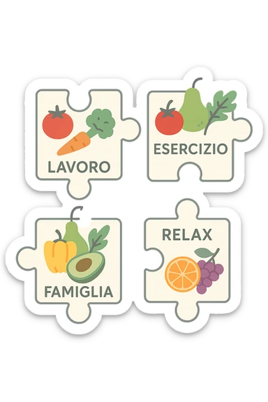 Puzzle (Lavoro, Esercizio, Famiglia, Relax), and healthy foods are integrated into each piece. in italiano sticker