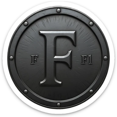 Minimal emoji, gothic metal coin made of black steel, engraved number f at the center, ancient industrial aesthetic, worn metal texture, no glow, no neon, flat emoji design, centered, transparent background sticker