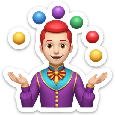 circus juggler portrait, head and shoulders only, colorful outfit collar, playful grin, juggling balls visible near shoulders, 3D cartoon, mobile game icon style, clean background, no text, no watermark
 sticker