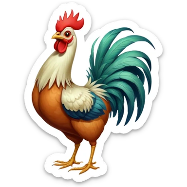 A funny rooster chicken with blue-greenish body, red comb, large eyes and silly expression, skinny legs sticker