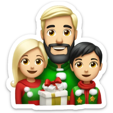 Mom with black hair, dad with blonde beard and 2 years old kid saying Merry christmas sticker