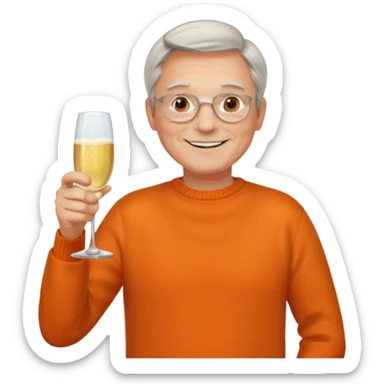 a happy, vibrant healthy man 60ish with a glass of champagne wearing an orange sweater sticker