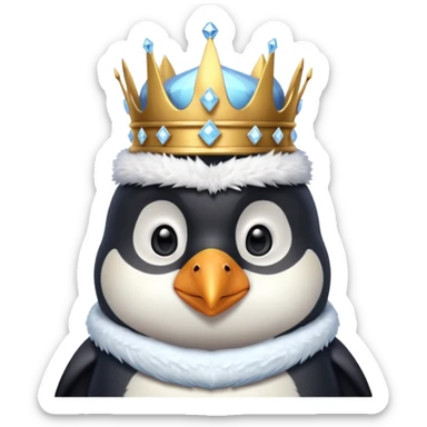 penguin king portrait, head and shoulders only, icy crystal crown, royal fur collar, cute serious expression, winter fantasy vibe, 3D cartoon, mobile game icon style, clean background, no text, no watermark
 sticker