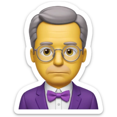 simpsons yellow man with neatly parted brown-gray hair, thick rectangular eyebrows, large round eyes behind thin glasses, a pointed nose, and a green suit with a white collar and purple bow tie. sticker